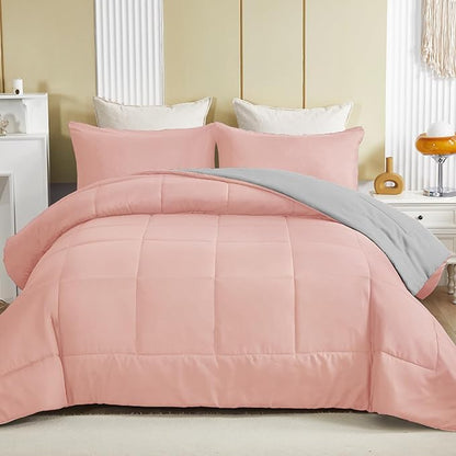 Exclusivo Mezcla Lightweight Reversible Full Queen Size Comforter Set, Down Alternative Comforter with 2 Pillow Sham, Full Queen Size Bedding Set for All Seasons, Blush Pink/Light Grey