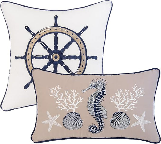 Donna Sharp 2-Piece Nautical Themed Decorative Throw Pillow Set - Pillows for Couch, Sofa, Beds, and Chairs - Includes 18" x 18" Square & 12" x 22" Rectangular Pillows