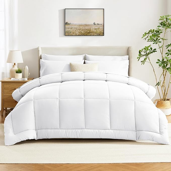 CozyLux King Size Comforter Set White, 7 Pieces Bed in a Bag, White Comforter King Size, All Season Bedding Sets with Stitch Quilted Comforter, Flat Sheet, Fitted Sheet, Pillowcases