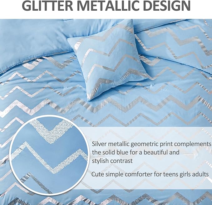 Menghomeus Blue/Silver Comforter Set Queen/Full Size Metallic Print Glitter Bed Comforter Cute Shinny Bedding for Teen Girls Kids Women, 4 Piece (2 Pillowcases, 1 Decorative Pillow Sham)