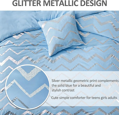 Menghomeus Blue/Silver Comforter Set Twin/Twin XL Size Metallic Print Glitter Bed Comforter Cute Shinny Bedding Sets for Teen Girls Kids, 3 Piece (1 Pillowcase, 1 Decorative Pillow Sham)