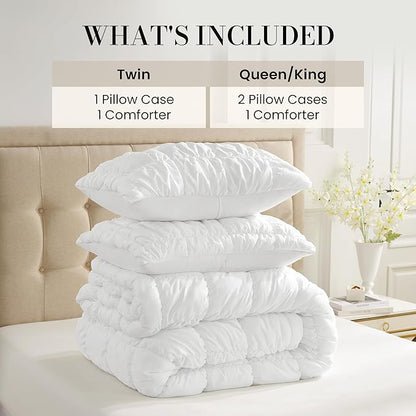 Amélie Home Twin Comforter Set, 2 Pieces White Bubble Bedding Set for All Season, Ultra Soft Cozy Comforter, Farmhouse Luxury Gift for Women Home Decor