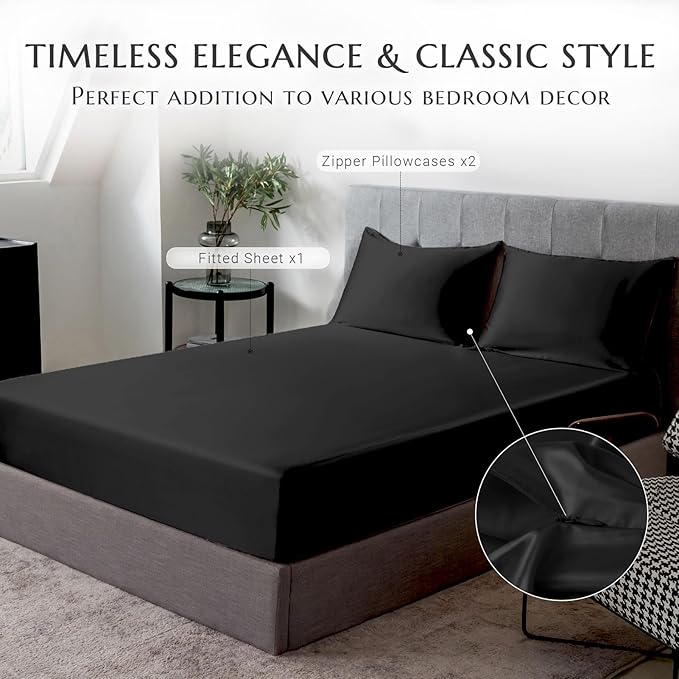 THXSILK 100% Mulberry Silk Fitted Sheet Set, 7A+ Silk 3 Pieces Bed Sheets, Breathable, Smooth, 16 Inch Deep Pocket Fitted Sheet, 2 Pillowcases - Black, California King