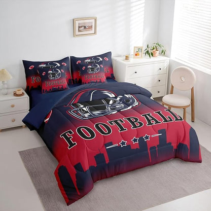 Erosebridal American Soccer City Bed in A Bag Full Size for Kids Boys Teen Adults,Sports Rugby Comforter Set with Sheets Red Blue Ombre 7 Piece Bedding Set Ball Competitive Games Bed Set