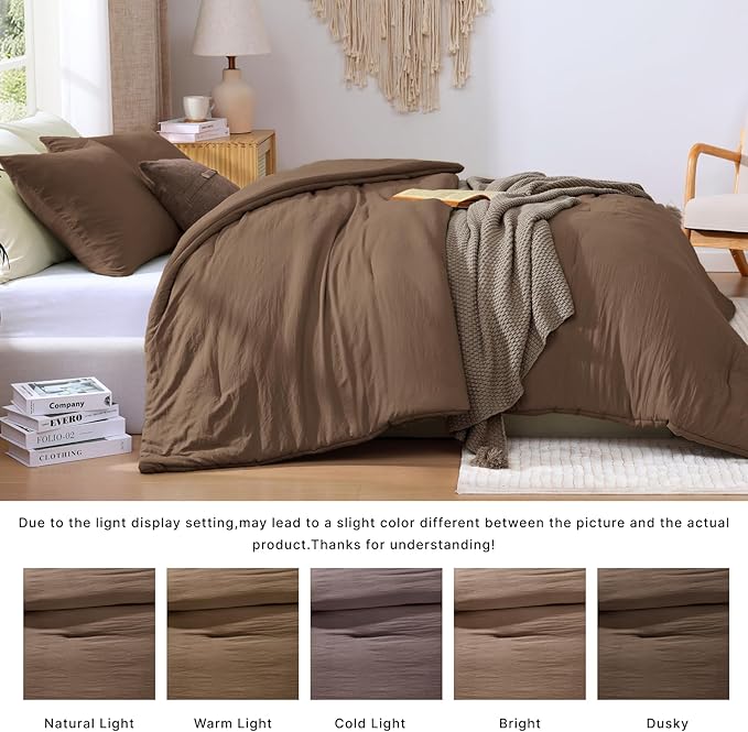 WRENSONGE Queen Comforter Set - 3 Pieces Prewashed Brown Comforter Soft Lightweight for All Seasons,Down Alternative Comforters Queen Size with 2 Pillow Shams