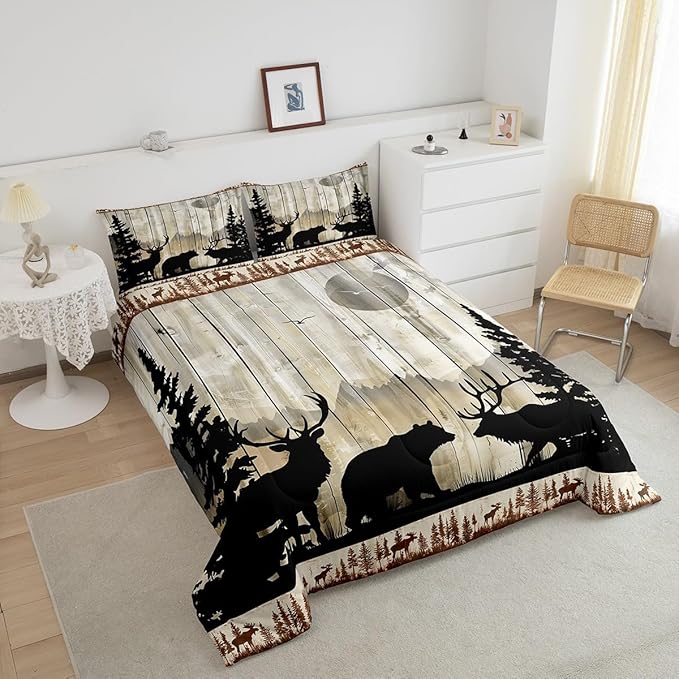 Feelyou Western Rustic Bear Deer Elk Comforter Set, Wooden Farmhouse Bedding Toddler, Hunting Wild Animal Quilt Forest Wildlife Hunting Bedding Comforter Sets Kids Boys Teens Adult Men Bedroom Decor