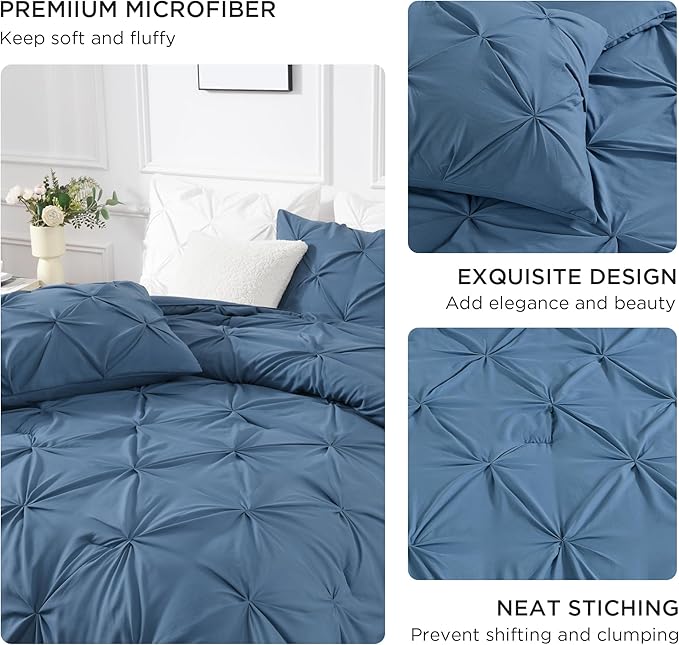 Andency Ocean Blue Pinch Pleat Comforter Full(79x90Inch), 3 Pieces(1 Down Alternative Comforter and 2 Pillowcases) Ocean Blue Bed Set Microfiber Pintuck Bedding Set