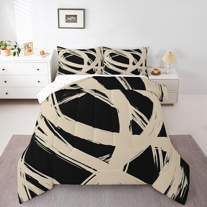 Beige and Black Abstarct Comforter Set Twin Size for Kids Boys Girs,Graffiti Stripes Lines Bedding Set,Aesthetic Geometric Duvet Insert for Minimalists,Contemporary Boho Modern Art Quilt