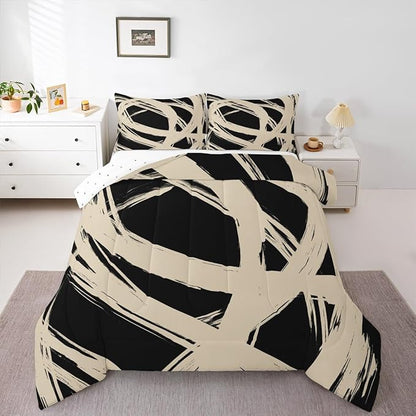 Erosebridal Beige and Black Striped King Bedding Set for Kids Teens Adults, Geometric Striped Comforter Set for Minimalists,Graffiti Aesthetic Lines Duvet Insert,Contemporary Boho Modern Art Quilt