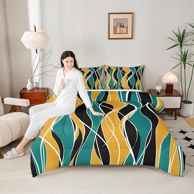 Erosebridal Geometric Comforter Set King Black and Gold Stripes Bedding Set, Turquoise White Duvet Insert Abstract Modern Quilt Sets, Aesthetic Lines Bedding Comforters & Sets Minimalism Bedroom Decor