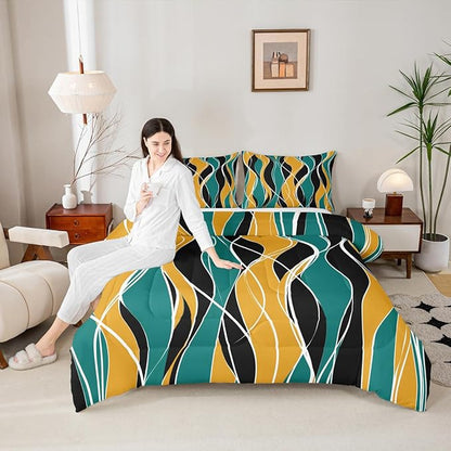 Erosebridal Modern Comforter Full Abstract Bedding Sets for Kids Teen, Orange Teal Black Down Comforter, Geometric Quilted Duvet Microfiber Lightweight Decorations 3 Pieces