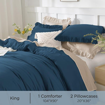 Andency Navy Blue Comforter Set King Size, 3 Pieces Boho Lightweight All Season Solid Bedding Comforters & Sets, Double Women Men Shabby Chic Bed Set(104x90In Comforter & 2 Pillowcases)