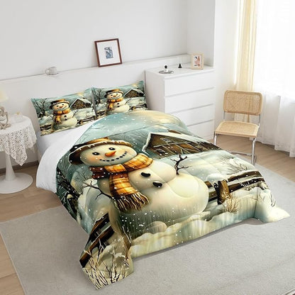 Cute Snowman Comforter Set Twin Size,Rustic Wooden Cabin Bedding Set 2Pcs for Kids Girls Boys Adult Room Decor,Vintage Style Winter Quilt Set Merry Christmas Duvet Insert,1 Pillowcase