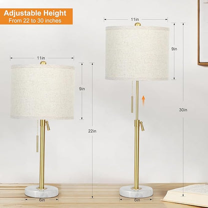 Table Lamps for Bedrooms Set of 2, 22" to 30" Height Adjustable Nightstand Lamps with Linen Shade, Pull Chain Switch Lamps for Living Room, 3 Way Dimmable Beside Lamp