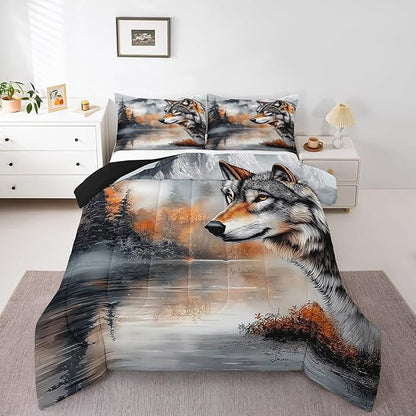 Erosebridal Wolf Full Bedding Set,Hunting Wolf Comforter Set for Kids Adults Room Decor,Wildlife Safari Bed Set Rustic Mountain Scene Theme Bedding Comforter Sets,2 Pillowcases