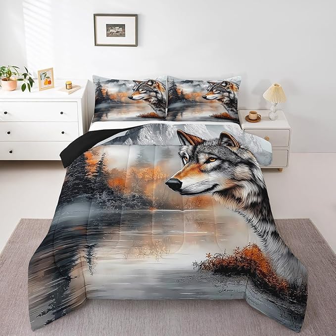 Erosebridal Wolf Toddler Bedding Set,Hunting Wolf Comforter Set for Kids Boys Girls Bedroom Decor,Wild Animal Safari Quilt Set Rustic Mountain Lake Bedding Comforter Sets,1 Pillowcase