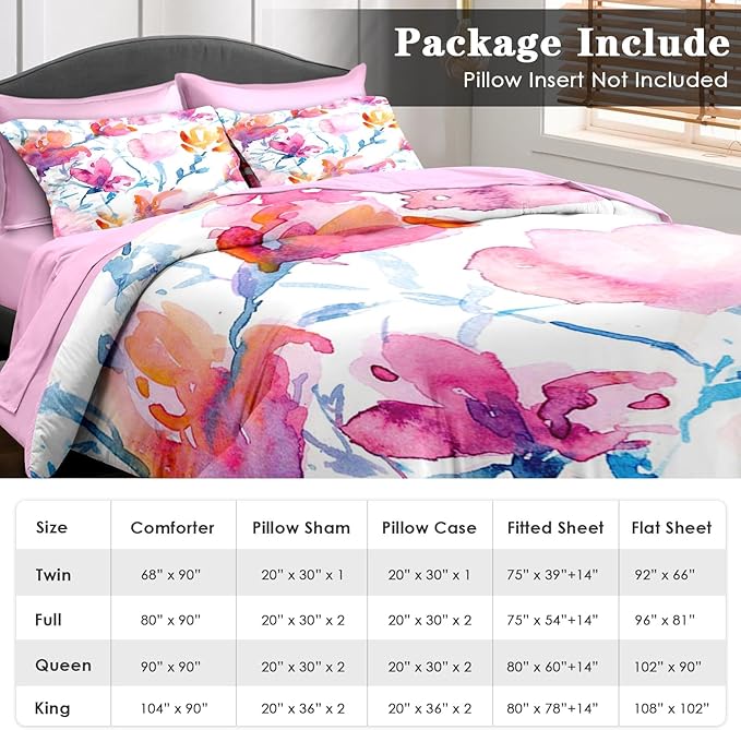 Comforter Set Full Size, Floral Spring Flower 7 Pcs Bedding for Kids and Adults, Vintage Tree Pink Bed Sheet Sets with Fitted Sheet 2 Pillowcases & 2 Shams for Bedroom Bed Decor