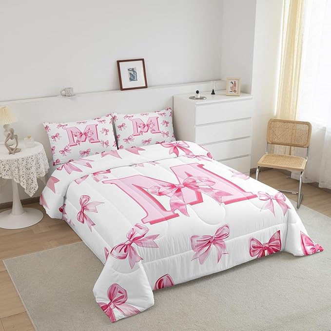 Erosebridal Pink Bowknot Toddler Bedding Set for Girls,Initial Letter M Comforter Set for Kids Teen Women Room Decor,Pink Watercolor Monogrammed Bedding Comforter Sets Dreamy Princess Bow Quilt Duvet