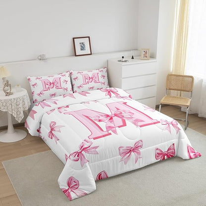 Erosebridal Pink Bowknot King Bedding Set for Girls,Initial Letter M Comforter Set for Kids Teen Women Room Decor,Pink Watercolor Monogrammed Bedding Comforter Sets Dreamy Princess Bow Quilt Duvet