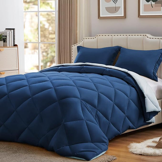 NexHome King Size Comforter Set Navy Blue&Light Blue, 3 Pieces Lightweight Reversible Comforter King Size, All Season Fluffy Down Alternative Comforter Bed Set Quilt Blanket