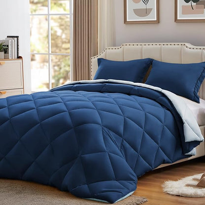 NexHome Queen Comforter Set Navy Blue&Light Blue,3 Pieces Lightweight Comforters Queen Size Reversible Bedding Comforters Sets,Down Alternative Comforter Bed Set Quilt Blanket