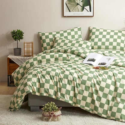 CLOTHKNOW Green White Plaid Twin/Twin XL Comforter Set Grid Bedding Comforter Sets Buffalo Checnker Comforter Soft Green White Comforter Sets
