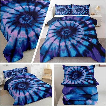 Purple Tie Dye Down Comforter Set, Blue Spiral Tie Dye Comforter, Hippie Boho Bohemian Gypsy Bedding Set, Abstract Printed Quilt Set and 2 Pillowcases, Full Size