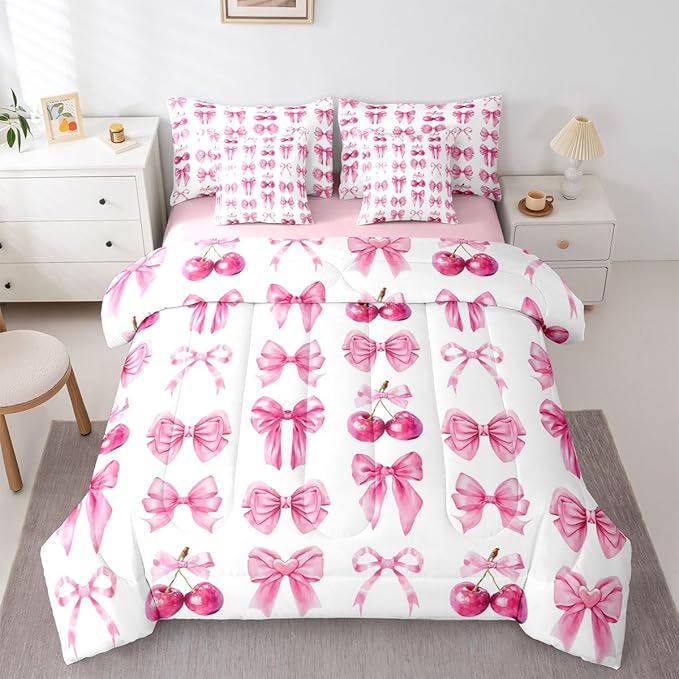 Feelyou Pink Cute Cherry Bow Comforter Set with Sheets 7 Piece Twin Size Princess Decor Bedding Set for Kids Boys Girls Pink Bow Bed in a Bag Kawaii Room Decor Soft Lightweight Microfiber