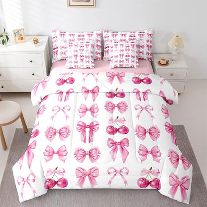 Feelyou Pink Cute Cherry Bow Comforter Set with Sheets 7 Piece King Size Princess Decor Bedding Set for Kids Boys Girls Pink Bow Bed in a Bag Kawaii Room Decor Soft Lightweight Microfiber