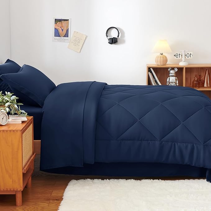 CozyLux Twin XL Comforter Set Navy Blue - 5 Pieces Twin Extra Long Bed in a Bag for College Dorm, All Season Bedding Set for Girls and Boys, Soft Bed Set with Comforter, Sheets, Pillowcase & Sham