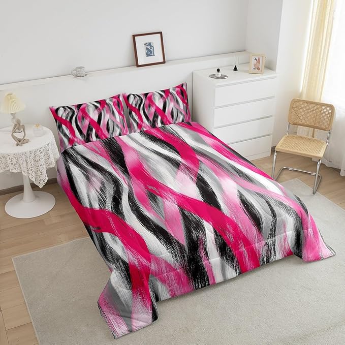 Erosebridal Geometric Stripes Comforter Toddler Modern Abstract Comforter Set Grey Black Hot Pink Bedding Set for Kids Girls Teen Women Swirl Lines Quilt Duvet Room Decor 2 Pcs