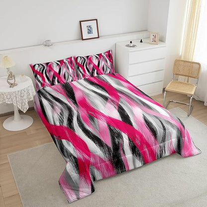 Erosebridal Geometric Stripes Comforter Toddler Modern Abstract Comforter Set Grey Black Hot Pink Bedding Set for Kids Girls Teen Women Swirl Lines Quilt Duvet Room Decor 2 Pcs