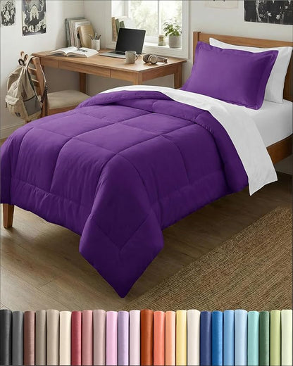 Twin Comforter Set - 2 Piece Bed Set for All Seasons - 1 Soft Quilted Comforter with Corner Tabs & 1 Pillow Sham - Comfy, Cozy & Breathable - Premium Down Duvet Insert - Oeko-TEX - Twin Size, Purple