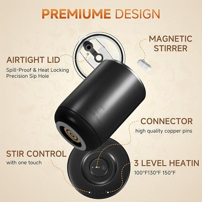 Heated Coffee Mug 11oz,Self Stirring Electric Mug with Temperature Control & Auto Shut-Off,Stainless Steel Smart Coffee Cup with Detachable Heating Base for Desk,Office,Home,Gifts for Women(Black)