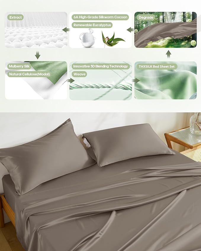 THXSILK Silk Sheet Set 5 Pcs, Split King Size Sheet Set, Soft Breathable Cooling Bed Sheets with 2 Flat Sheets, 1 Fitted Sheet, 2 Pillowcases with Zipper Closure, Charcoal