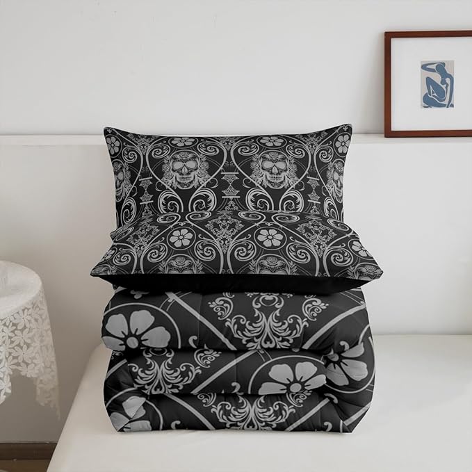 Feelyou Adults Grey Vintage Damask Floral Comforter Set Oriental Antique Comforter Queen Size Exotic Sugar Skull Rose Bedding Set Gothic Bohemia Boho Duvet Set Quilt Set 3Pcs