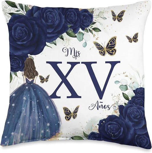 Chic Navy Blue Floral Quinceañera Mis XV 15 Años Throw Pillow