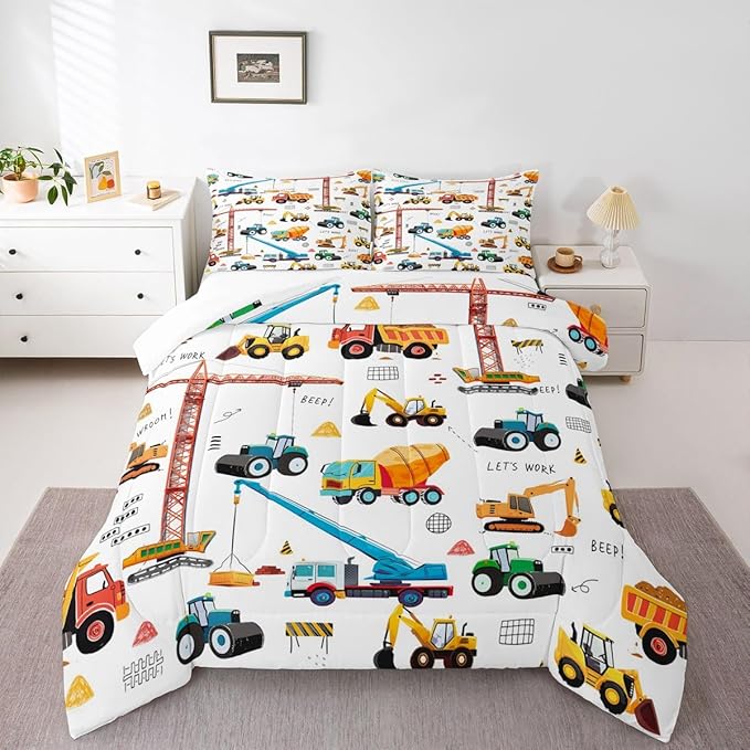 Construction Bedding Set Kids Cartoon Car Comforter Set Equipment Trucks Excavators Down Comforter King Bedroom Decor Vehicle Construction Site Car Duvet Insert With 2 Pillow Cases, Yellow White