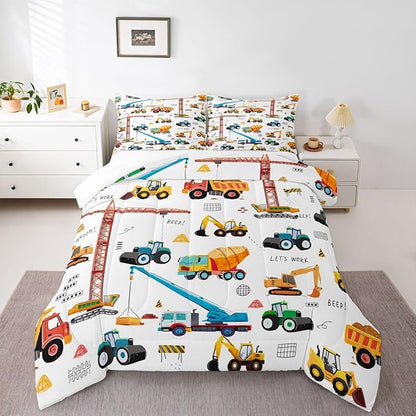 Construction Bedding Set Kids Cartoon Car Comforter Set Equipment Trucks Excavators Down Comforter King Bedroom Decor Vehicle Construction Site Car Duvet Insert With 2 Pillow Cases, Yellow White