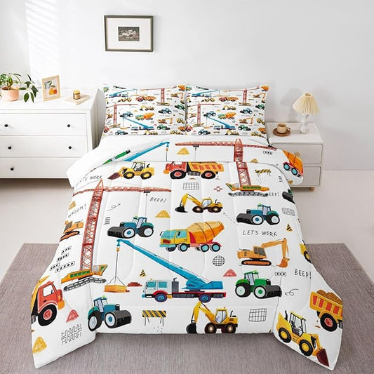 Erosebridal Cartoon Car Kids Comforter Set Truck Bedding Set Decor Construction Excavator Tractor Quilted Duvet Heavy Machinery Digger Mixer Down Comforter for Children Boys Teens 3Pcs Queen