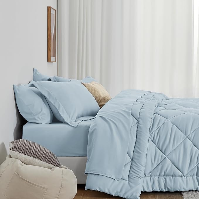 Love's cabin King Size Comforter Set Light Blue, 7 Pieces King Bed in a Bag, All Season Bedding Sets with 1 Comforter, 1 Flat Sheet, 1 Fitted Sheet, 2 Pillowcase and 2 Pillow Sham