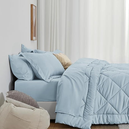 Love's cabin King Size Comforter Set Light Blue, 7 Pieces King Bed in a Bag, All Season Bedding Sets with 1 Comforter, 1 Flat Sheet, 1 Fitted Sheet, 2 Pillowcase and 2 Pillow Sham