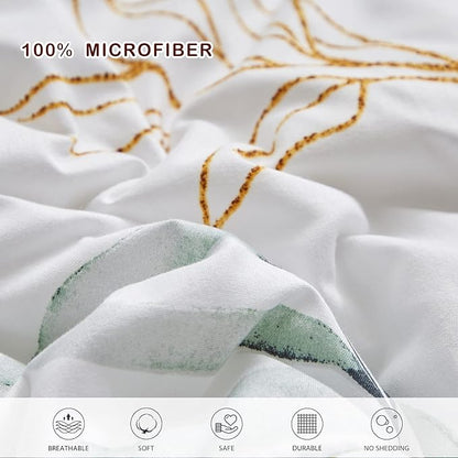 Joyreap 7 Piece Bed in a Bag King, Green Leaves Printed on White Botanical Design, Microfiber Comforter Set for All Season (1 Comforter, 2 Pillow Shams, 1 Flat Sheet, 1 Fitted Sheet, 2 Pillowcases)