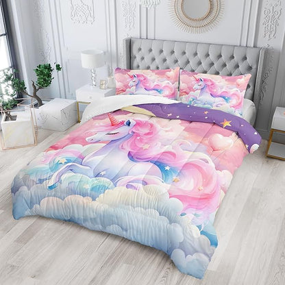 Kid Unicorn Comforter Set Queen Size 3Pcs Pink Galaxy Bedding Set Glitter Star Cloud Love Quilt Bed Set for Boys Girls with 1 Comforter and 2 Pillowcases