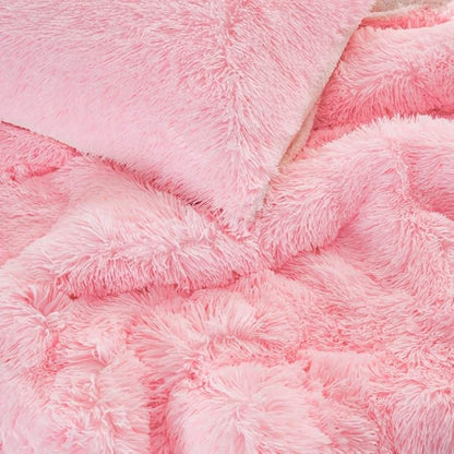 Flysheep Luxury Faux Fur Full/Queen Size Winter Comforter Set Shaggy Velvet Pink Long Hair, 3 Pieces Plush Flannel Sherpa Backing Reversible Soft Microfiber Super Warm Bedding Set for Holiday