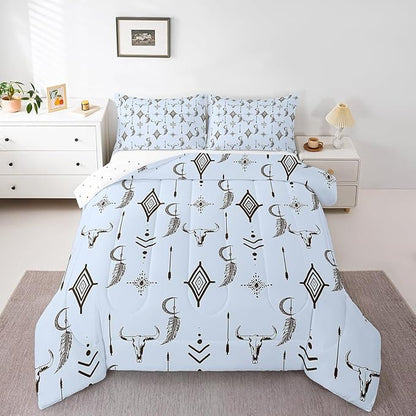 Feelyou Blue Western Bull Skull Comforter Set Boho Ethnic Horns Bedding Set Toddler Size for Kids Adult Tribal Symbol Mysterious Aztec Comforter