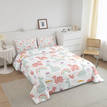 Feelyou Cartoon Dino Comforter Set Queen, Pink Green Dinosaur Comforter Cute Jungle Dino Comforter Set for Kids Boys Girls Cute Rainbow Duvet Set Microfiber Quilt Set