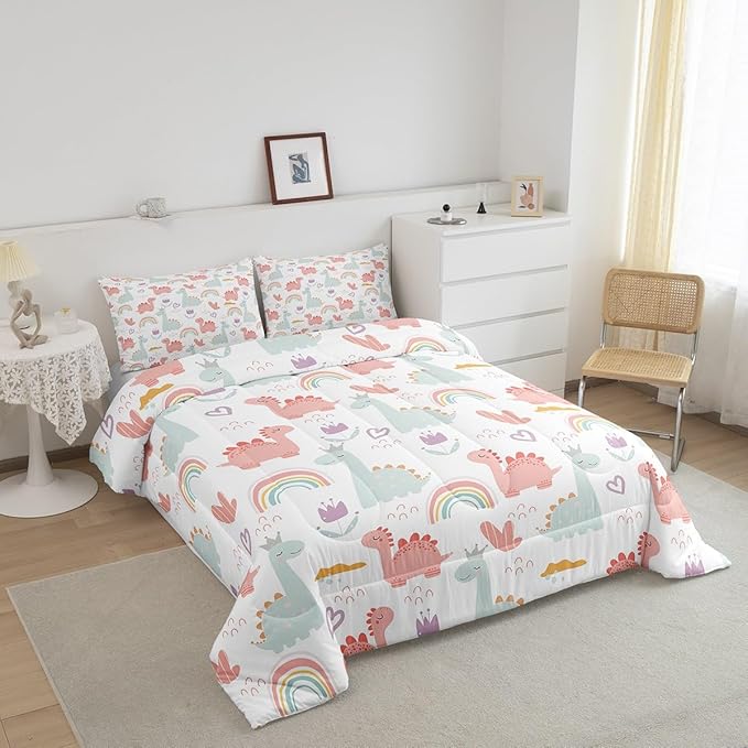 Feelyou Cartoon Dino Comforter Set Twin, Pink Green Dinosaur Comforter Cute Jungle Dino Comforter Set for Kids Boys Girls Cute Rainbow Duvet Set Microfiber Quilt Set