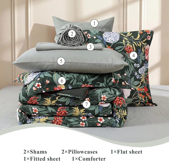 CASAAGUSTO Queen Comforter Set-7 Pieces Green Botanical Floral Bedding, Flowers Printed Design Queen Bed in a Bag with Botanical Flowers Comforter, Sheets, Pillowcases & Shams