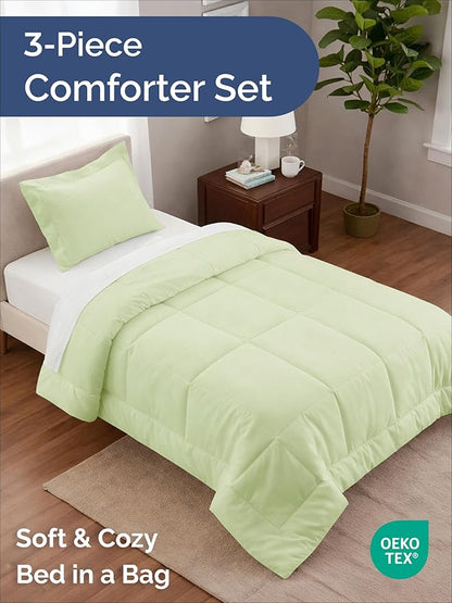 Twin Comforter Set - 2 Piece Bed Set for All Seasons - 1 Soft Quilted Comforter w/ Corner Tabs & 1 Pillow Sham - Comfy & Breathable - Premium Down Duvet Insert - Oeko-TEX - Twin Size, Light Sage Green